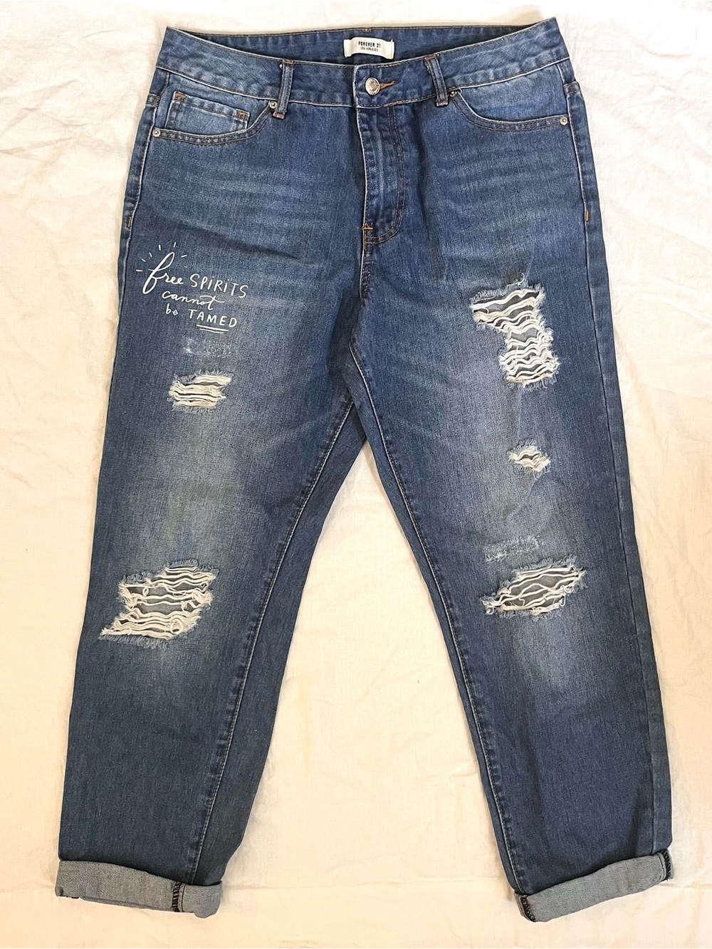 Forever 21 Distressed Blue Relaxed Jeans with 'Free Spirits' Print
